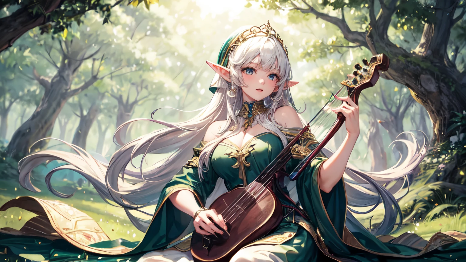 ((best quality)), ((masterpiece)), (detailed), beautiful elf playing harps at the center of large tree and surrounding with green field.