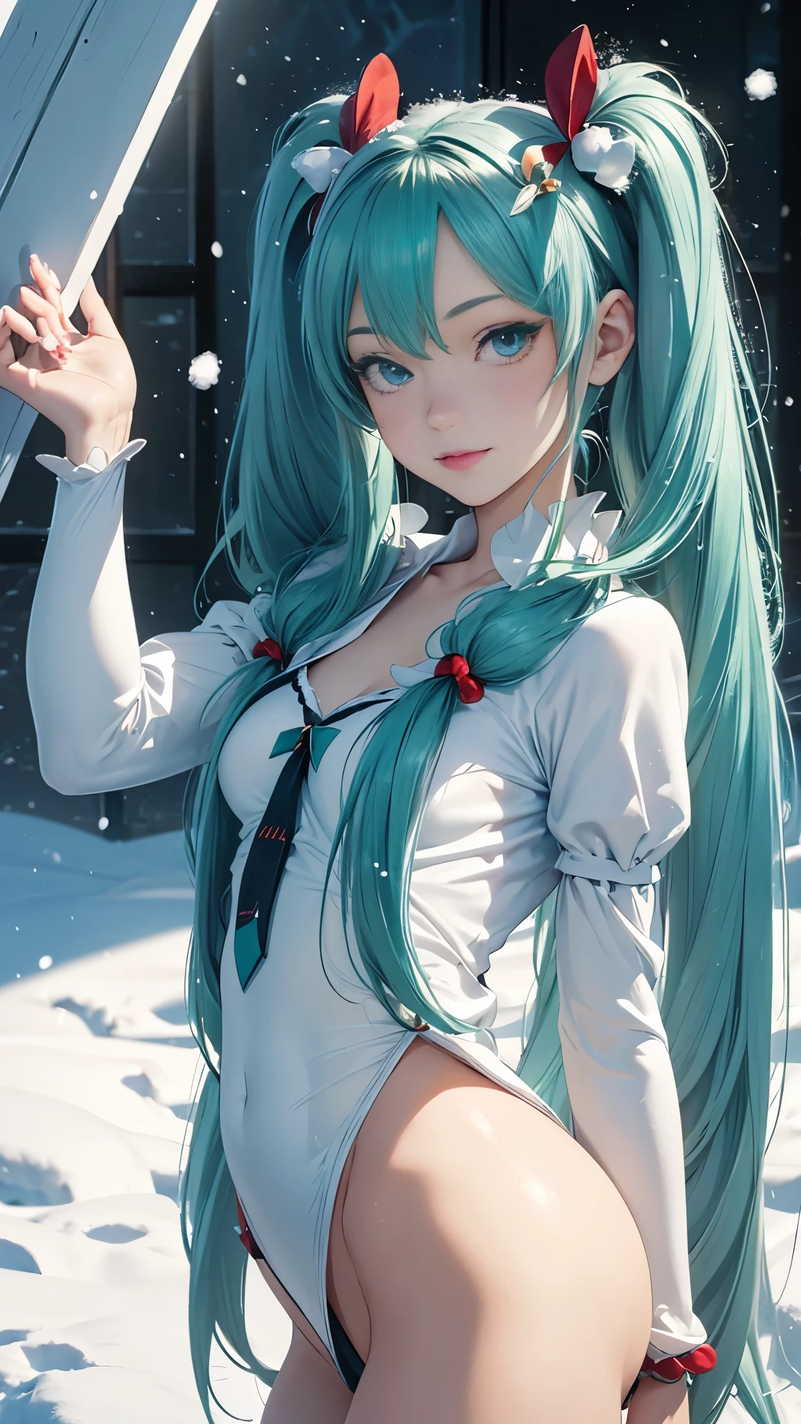 Super detailed, NSFW, masterpiece, High resolution, Photorealistic digital art, perfect lighting, (((1 girl, perfect anatomy))), accurate right hand, accurate left hand, five fingers, perfect style, hatsune miku, 3d face, big light blue-green eyes, glossy lips, blue-green long hair, shiny skin, smile, (((twin tails))), big square hair accessories, (((Snow White))),