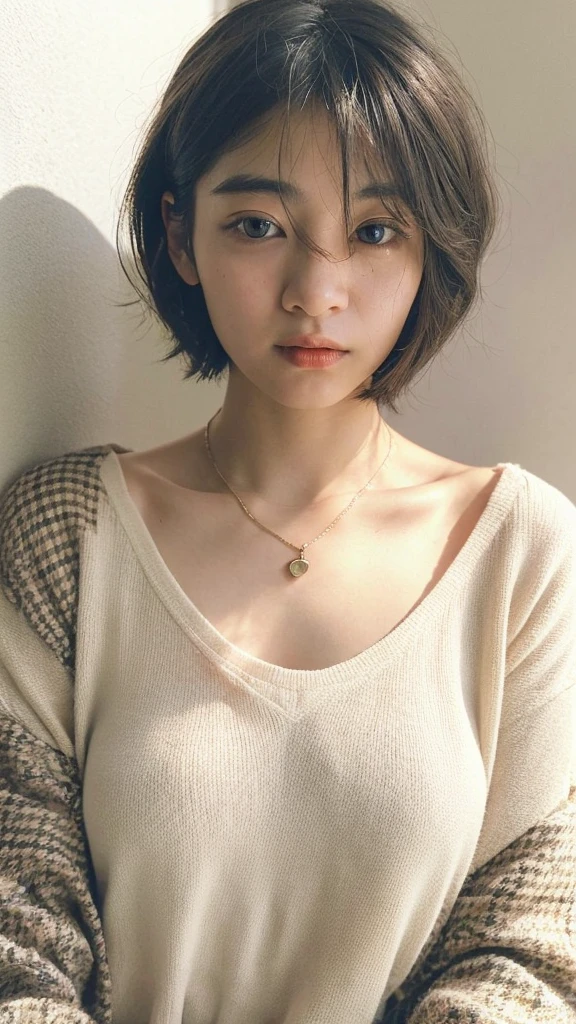 (very realistic photo, concentrated、High resolution, detailed face, fine eyes), ((Taken in front of a white wall))、japanese woman, 20-year-old, various expressions, Upper body、alone:1, slim body shape, various hairstyles,Sheer black long sleeve top、Only one person is in the photo、Photographed in natural light、simple necklace、bob hair、shortcut、looking at the camera