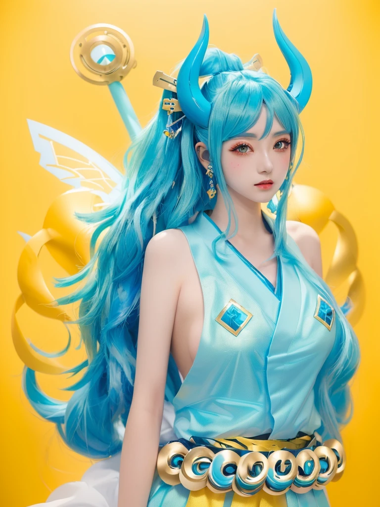 A woman with blue hair and horns is on a yellow background, anime Cosplay, anime girl Cosplay, onmyoji, Shashi, Inspired by Fuhua, Cosplay, Trending on cgstation, Anime characters; Full Body Art, hatsune miku Cosplay, Japanese Goddess, Trending on cgstation, Inspired by Run In, Full body fairy