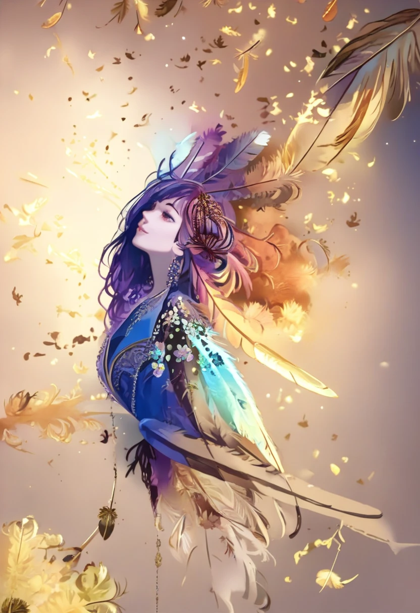 1(Very detailed), (masterpiece, Highest quality, Highest quality, Official Art, beautifully、aesthetic:1.2), (One girl:1.3), Very detailed,(Fractal Art:1.1),(colorful:1.1)(Flowers:1.3),Most detailed,(Tangled:1.2), (Dynamic pose), (Abstract background:1.3), (Glowing Skin), (Many colors:1.4),  (feather:1.5),Tyndall、
All gold、