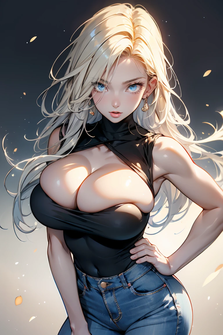 solo , Android 18 , 20 years old, solo , best stylehair , women , tied , blone long hair , cleavage, heaving breast, beautiful high detail face, black bra , tight clothes , power , beautiful detailed eyes, beautiful detailed lips, extremely detailed eyes and face, eyelashes, (photo Realistic:1.4), (hyper Realistic:1.4), (Realistic:1.3),Very detailed,Eyelashes High resolution eye depiction, Keep your eyes focused, Nose and mouth,Face Focus, Woman with open mouth and closed eyes, Age 20 、Symmetrical face,Realistic nostrils、Angle from below、Elongated C-shaped nostrils,,,White Background、((Sweaty skin))、Lighting that accentuates skin that shines with sweat、((Nose hook))Skin shiny with sweat、((Shiny skin))、((Wet and shiny tongue))、 good propotion body ( perfect legs and hands), masterpiece, best quality , completely detailed, high solution, white skin , shy , hands touching legs , curvy body , body S , very pretty , full body , adult , angle , angle , aura , aura , tight hip , tight jean