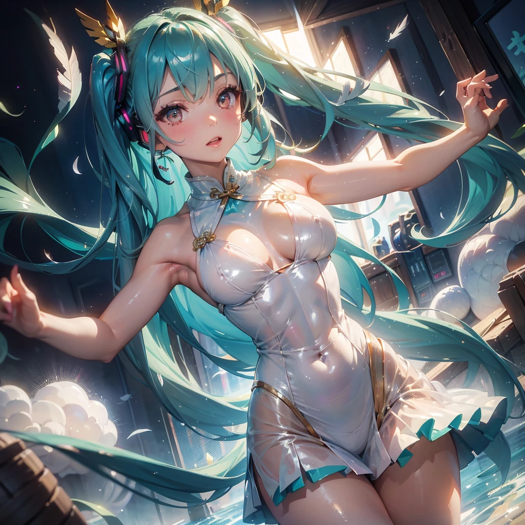 see through,Beautiful and fair、Radiant Skin, 3 Up, Gorgeous, bright, Fresh and gentle expression, Perfect beautiful face、Beautiful shiny bangs, A very beautiful 17 year old girl, Eyeliner, Very perfect eyes,Large breasts,Grooves reveal original skin,Muscular body,Feather cheongsam,Hatsune Miku,