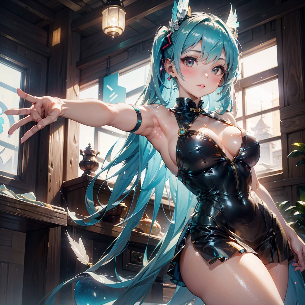 see through，Beautiful and fair、Radiant Skin, 3 Up, Gorgeous, bright, Fresh and gentle expression, Perfect beautiful face、Beautiful shiny bangs, A very beautiful 17 year old girl, Eyeliner, Very perfect eyes，Large breasts，Grooves reveal original skin，Muscular body，Feather cheongsam，Hatsune Miku，