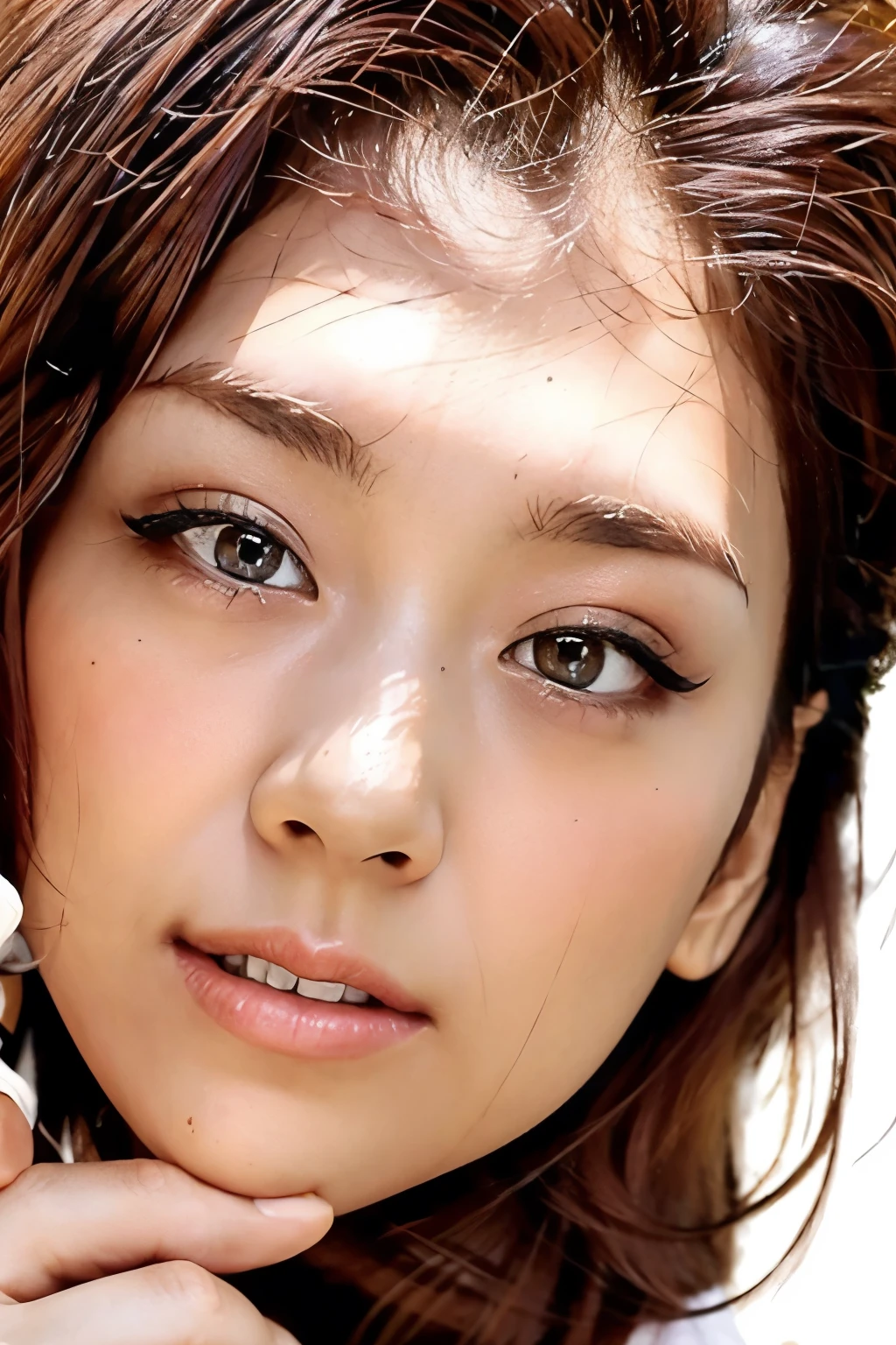 (Realistic、Like a photograph、Live Action、8k, Realistic, RAW Photos, Best image quality: 1.4), Single-lens reflex camera、RAW Photos, Highest quality, Realistic, Very detailed CG Unity 8k 壁紙, Written boundary depth, Cinematic Light, Lens flare, Ray Tracing, Studio background、beautiful 18 year old girl、Ultra-dense skin, gold colored eyes, straight sitting pose, upper body shot:1.5)、Light Brown hair、long hair:1.2、Very detailed