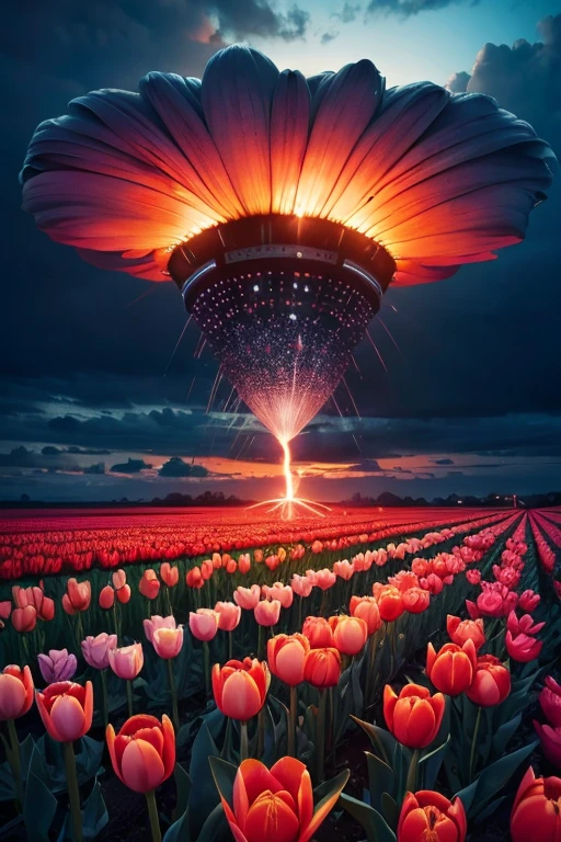 A tulip end of the world,Capture stunning details with a macro lens,Nuclear explosion. lightning sky. Field in the middle of the end of the world. This is visually synonymous with disaster,people are scared and sad,Surrounded by a red fiery sky,Gives a feeling of aw, The ground is covered in tulip flowers. This image was created using a digital simulation of a soft brush,Completed in unison in a fascinating and mysterious sci-fi setting,A perfect blend of natural beauty and surreal aspects