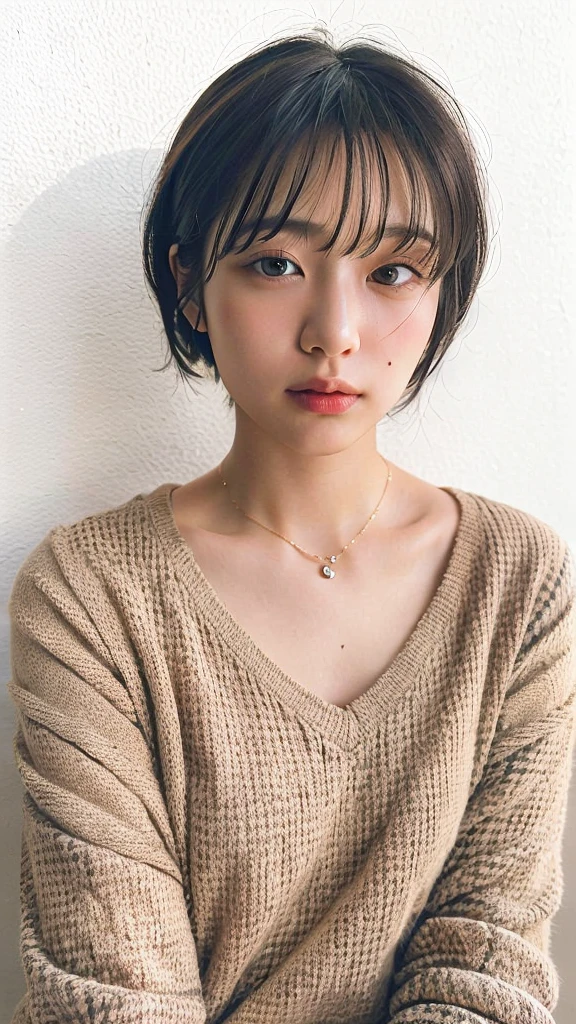 (very realistic photo, concentrated、High resolution, detailed face, fine eyes), ((Taken in front of a white wall))、japanese woman, 20-year-old, various expressions, Upper body、alone:1, slim body shape, various hairstyles,Sheer black long sleeve top、Only one person is in the photo、Photographed in natural light、simple necklace、bob hair、shortcut、looking at the camera