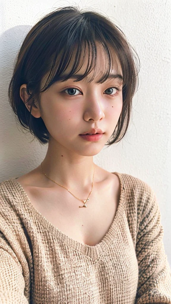 (very realistic photo, concentrated、High resolution, detailed face, fine eyes), ((Taken in front of a white wall))、japanese woman, 20-year-old, various expressions, Upper body、alone:1, slim body shape, various hairstyles,Sheer black long sleeve top、Only one person is in the photo、Photographed in natural light、simple necklace、bob hair、shortcut、looking at the camera