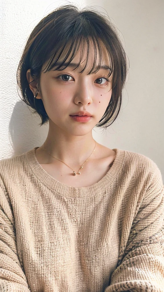 (very realistic photo, concentrated、High resolution, detailed face, fine eyes), ((Taken in front of a white wall))、japanese woman, 20-year-old, various expressions, Upper body、alone:1, slim body shape, various hairstyles,Sheer black long sleeve top、Only one person is in the photo、Photographed in natural light、simple necklace、bob hair、shortcut、looking at the camera