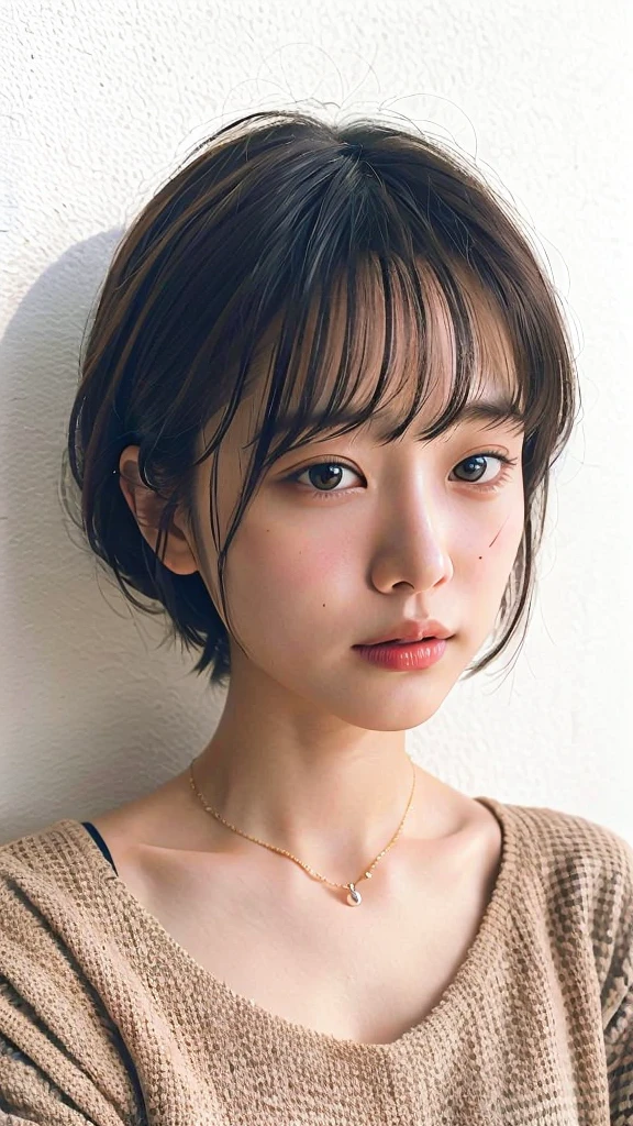 (very realistic photo, concentrated、High resolution, detailed face, fine eyes), ((Taken in front of a white wall))、japanese woman, 20-year-old, various expressions, Upper body、alone:1, slim body shape, various hairstyles,Sheer black long sleeve top、Only one person is in the photo、Photographed in natural light、simple necklace、bob hair、shortcut、looking at the camera