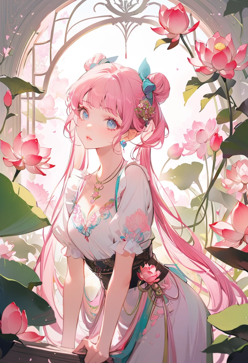 Poster,(a lot:1.2),((Art Deco,Botanical Art,Flower Art)),(Floral:1.2),Lotus flower, (masterpiece, Highest quality),(Vibrant colors,colorful),(Amazing details,Detailed Background),Anatomically correct,Accurate drawing,Detail View,Sense of luxury, Beautiful girl with perfect face,very_Long eyelashes, Detailed lips, Cool look, Soft Skin, ,Vibrant Background, Natural light,The cutest girl in the world,Exquisite makeup,Long pink hair with pink mesh at the ends, Twin tails, The maid uniform is black, 