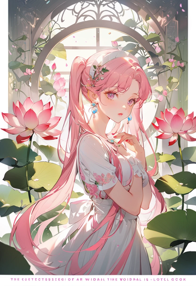 Poster,(a lot:1.2),((Art Deco,Botanical Art,Flower Art)),(Floral:1.2),Lotus flower, (masterpiece, Highest quality),(Vibrant colors,colorful),(Amazing details,Detailed Background),Anatomically correct,Accurate drawing,Detail View,Sense of luxury, Beautiful girl with perfect face,very_Long eyelashes, Detailed lips, Cool look, Soft Skin, ,Vibrant Background, Natural light,The cutest girl in the world,Exquisite makeup,Long pink hair with pink mesh at the ends, Twin tails, The maid uniform is black,