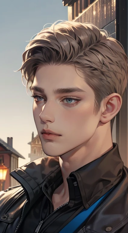 masterpiece, best quality, realistic, 1man, mature male, quiet and charming young man, 35 years old, close his eyes, serious, closed mouth, extremely detailed face, cold, ((dark grey blue eyes)), ((short-right-swept dark grey brown hair)), [thick eyebrows], ((hunter)), accurate, detailed, ((town))