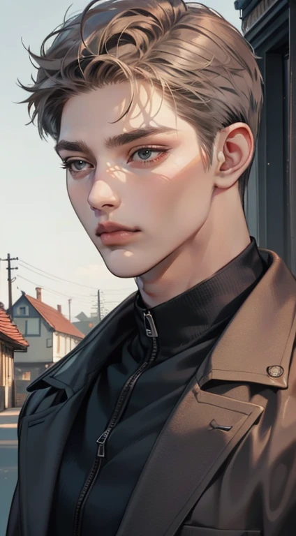 masterpiece, best quality, realistic, 1man, mature male, quiet and charming young man, 35 years old, close his eyes, serious, closed mouth, extremely detailed face, cold, ((dark grey blue eyes)), ((short-right-swept dark grey brown hair)), [thick eyebrows], ((hunter)), accurate, detailed, ((town))