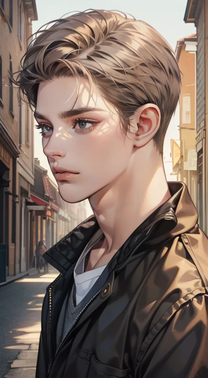 masterpiece, best quality, realistic, 1man, mature male, quiet and charming young man, 35 years old, close his eyes, serious, closed mouth, extremely detailed face, cold, ((dark grey blue eyes)), ((short-right-swept dark grey brown hair)), [thick eyebrows], ((hunter)), accurate, detailed, ((town))