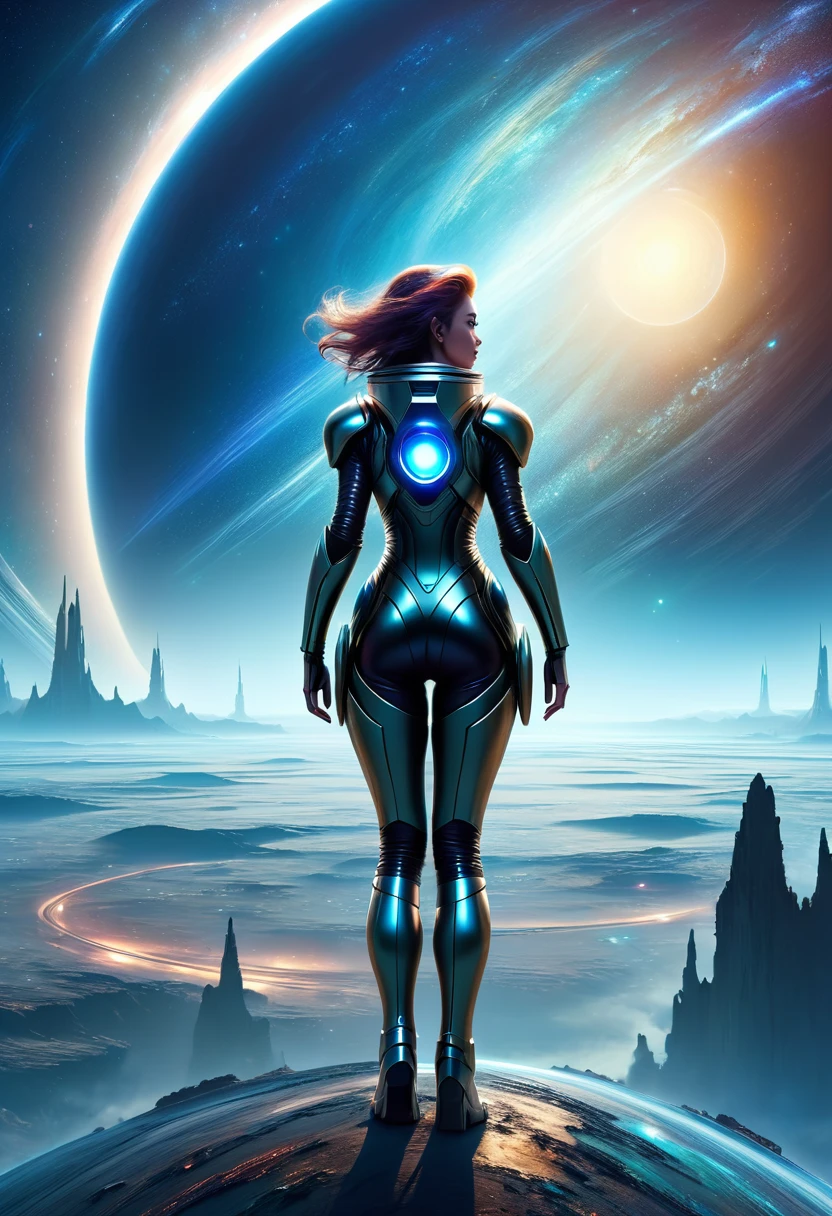 space woman standing on the edge of horizon looking at the view and viewer, sci fi art style of the masters,