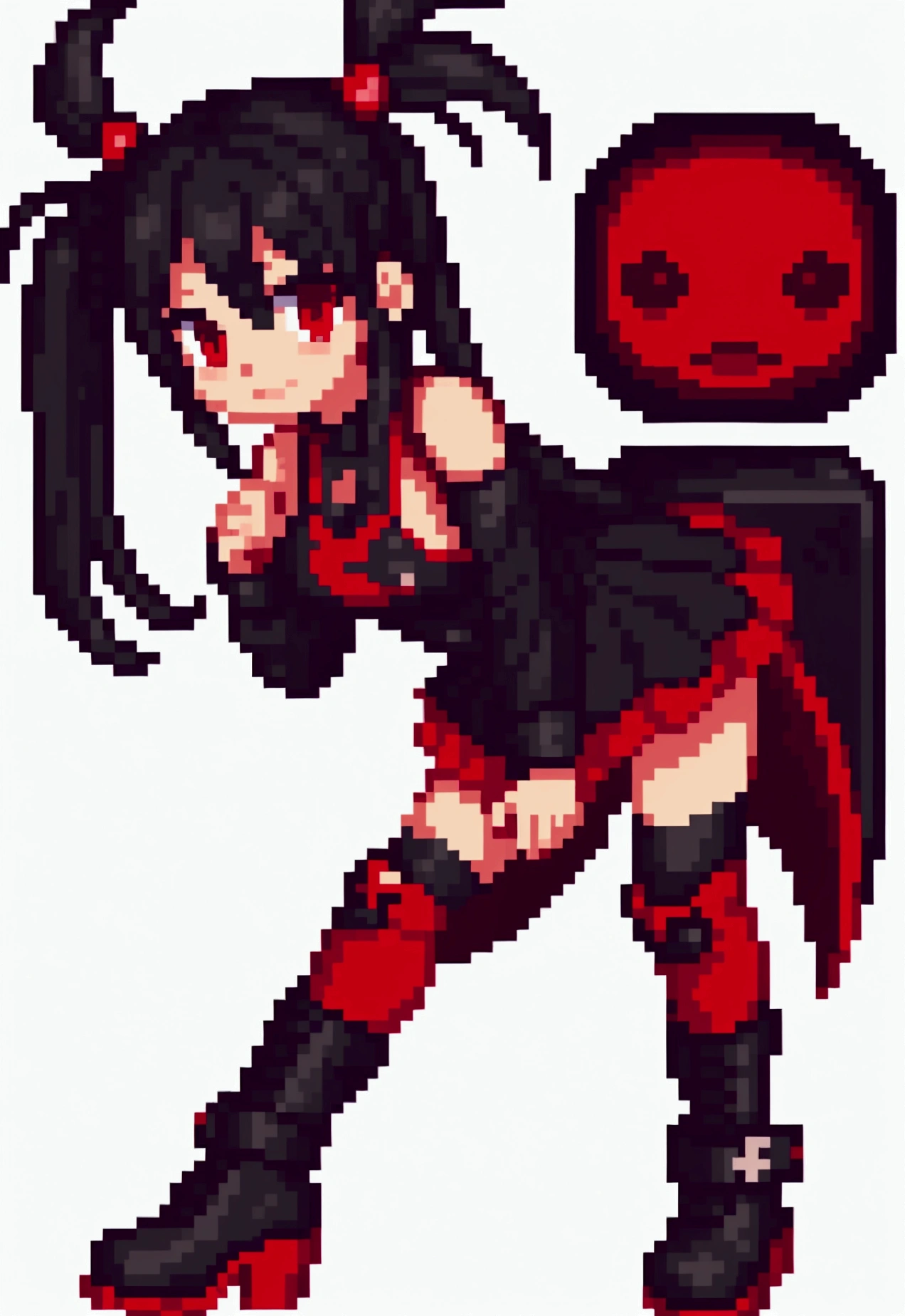 Full body cute rocker girl, with red and black clothes. with black boots. Pixelated style but the image is clear 