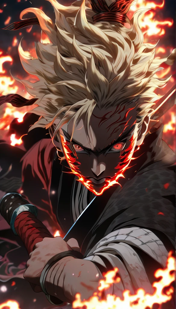 Super detailed, High resolution, Absurd, High resolution, masterpiece, Rengoku Kyojuro, Blonde, Expressive golden eyes, White Haori with a Flame Pattern, Black Demon Slayer uniform, Kimetsu no Yaiba, Fantasy, petal, Red flower, good looking, sexy man Grabbing a sword, alone, magic, shining red fireflies, Red Moon, Highest quality, Highly detailed face and eyes, fire, Grabbing a sword、Back view、Flame background