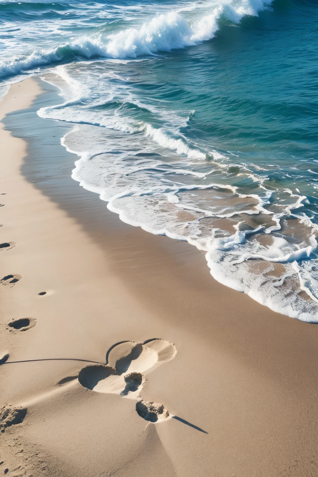 Create an ULTRA REALISTIC beach landscape image with a blue sea peeking through the sand, and in the sand written P + K inside a heart scratched on the beach floor for wallpaper