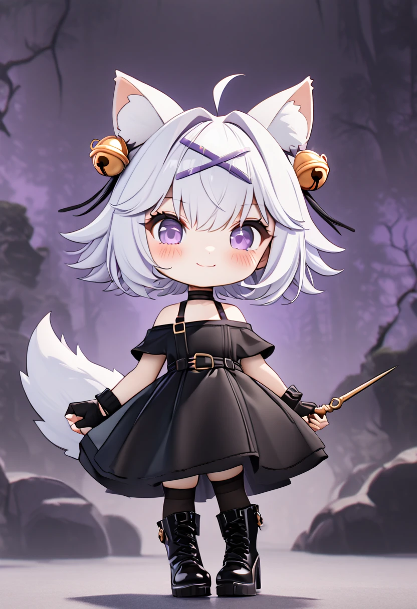 master piece, best quality, ultra-detailed, 1girl, solo, chibi, (big head), cute pose, front view, looking at viewer, ((full body Close up)), filian, filianoverall, Filiansailor, ((white hair)), short hair, shoulder length hair, fly-away hair, bangs, (purple hair ornament:1.3), (purple hairclip:1.3), cat ears, (hair bell:1.3) ahoge, purple eyes, blush, smiling, fluffy tail, black choker, black dress,sleeveless,off shoulder, floral_print, fingerless gloves, holding dagger black footwear,thigh high heel boots,, spooky forest background, gloomy atmosphere, broken trees