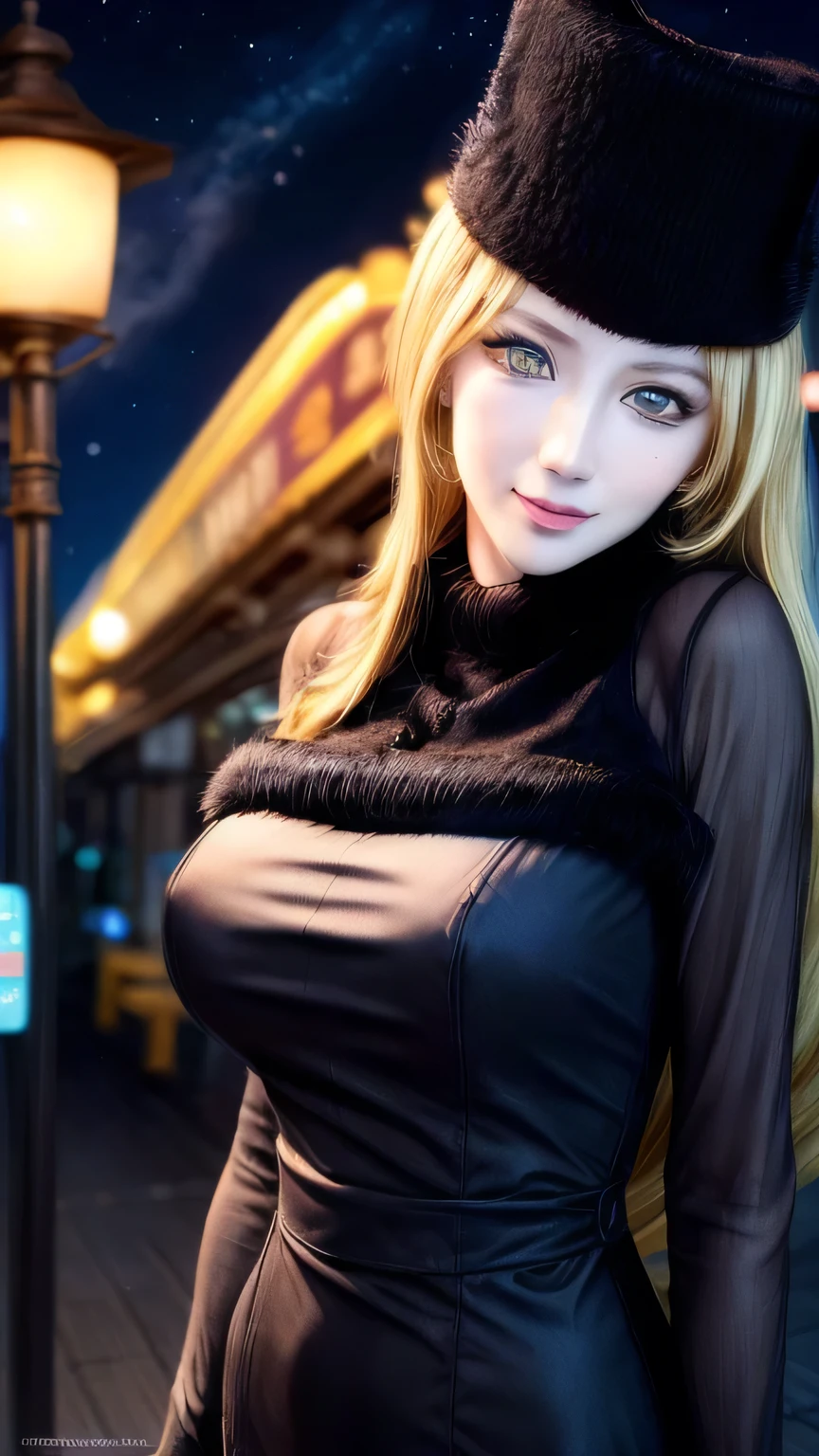 ((Maetel)), Long Hair, Blonde,Fur trim, Black Hat, Fur hat, dress,(Cowboy Shot:1.1), Yellow Eyes, (luggage:1.1), vapor (station:1.1),stationのプラットホーム, night, Milky Way,999 Best Quality, Very detailed, masterpiece, Absurd,8k, (Detailed eyes, Deep Eyes),photoRealistic, Realistic,Detailed skin texture, Detailed pupil,High resolution,
1 Female,(Happy:1.1),smile, (Angular face:1.2),Shining Face,Large Breasts, (Tight waist:1.1), Lip Makeup,Long eyelashes