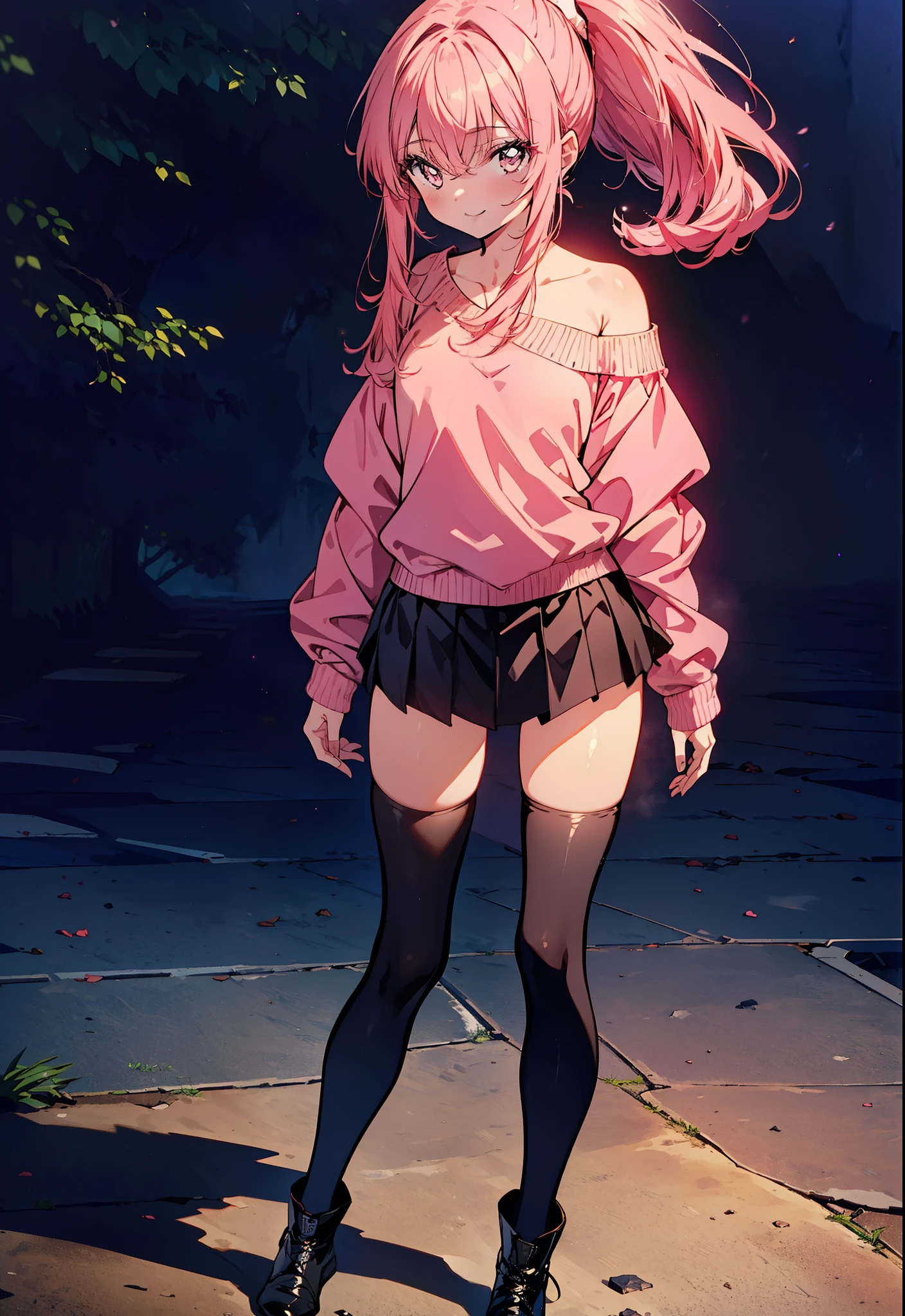 Louise Françoise Lebrun of La Vététière,Pink Hair,Pink Eyes,Long Hair,smile,ponytail,One-shoulder sweater,mini skirt,Black tights,short boots,Walking,Daytime,Clear skies,　　　　　　　　　　　　　　  　　　　　break looking at viewer, whole body,   　　　　　
break outdoors, In town,
break (masterpiece:1.2), Highest quality, High resolution, unity 8k wallpaper, (shape:0.8), (Beautiful attention to detail:1.6), Highly detailed face, Perfect lighting, Highly detailed CG, (Perfect hands, Perfect Anatomy),