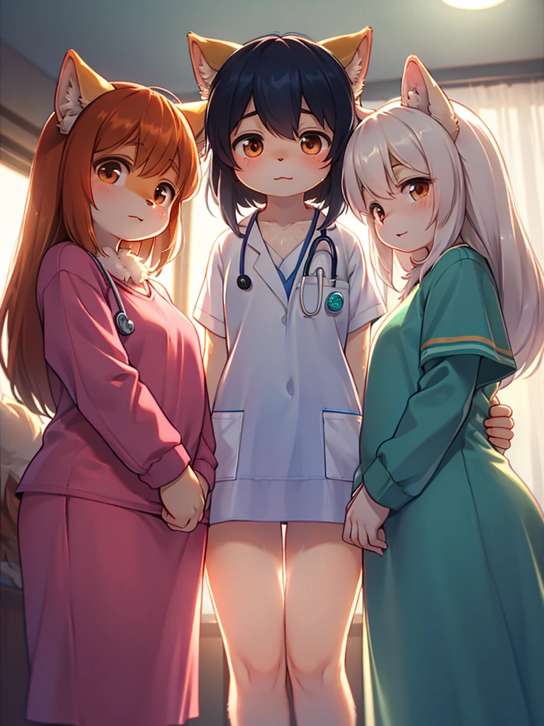 3 girls, sisters: ((First girl: Long twin tail red hair, blue eyes, tall, busty, curvy, pink pajamas)), ((Second girl: Long straight brown hair, tall, busty, curvy, green pajamas)), ((Third girl: Short yellow hair, short, slim, flat, yellow pajamas)), all are inside the bedroom, all girls are jealous, 8k, Masterpiece, Ray tracing.