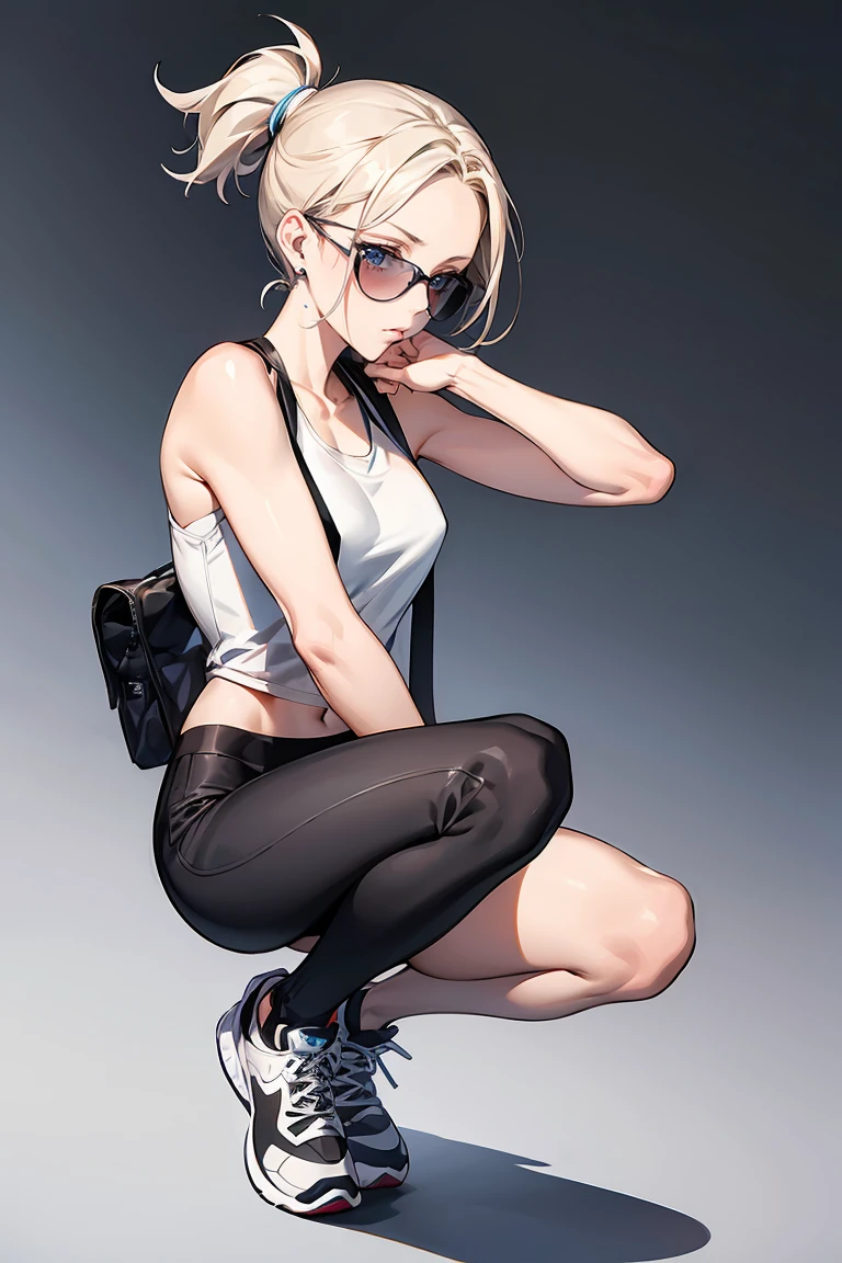 Healthy woman in her mid 20s。Height: 165cm、A toned, athletic figure。Blonde hair tied in a short ponytail、Blue Eyes。Skin is a healthy tan color。

clothing:
- Fitted grey tank top- Black leggings- White sneakers accessories:
- A sports watch - Simple silver stud earrings - Sports sunglasses - A small crossbody bag:
- Natural Makeup、Lip balm only background:
Jogging path in the park、Fresh morning air