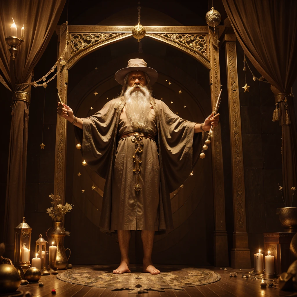 1 man, Alone, very old human wizard, very long purple wizard robe, light brown magic blanket, magic staff in hand, (Red Hat, round hat, big hat, pointed hat, Wizard hat, hat with decorations), room with many books, books with gold, dimensional portal of light from which mountains emerge, forest, rio, desert, sea animals and fish, the magician is standing on symbols drawn with gold on the ground, luz outfit, candles, cinematic light, magician with very long white beard, very long white eyebrows, very long white hair, clothes with stars and decorations, hands with rings, necklaces, amulets, magic vases, potions, plants, elves, fairies, Ghosts, orbs and lights floating, one hand up and one down, intricate design, realist, 3D, maximum detail, maximum resolution, table with 10 letters and 22 numbers, a square, a circle and a cube, (human ears, normal ears), eyes with green glow and trail, planets and sky on the ceiling, Detailed description, seeing the dimensional portal,