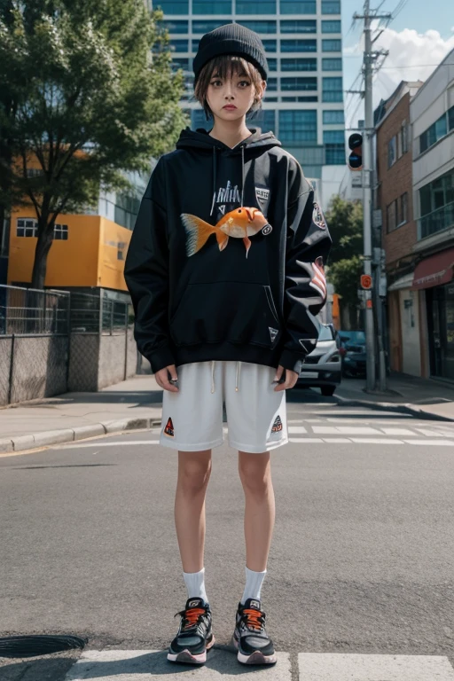 a goldfish with a human structure standing, wearing skater clothes