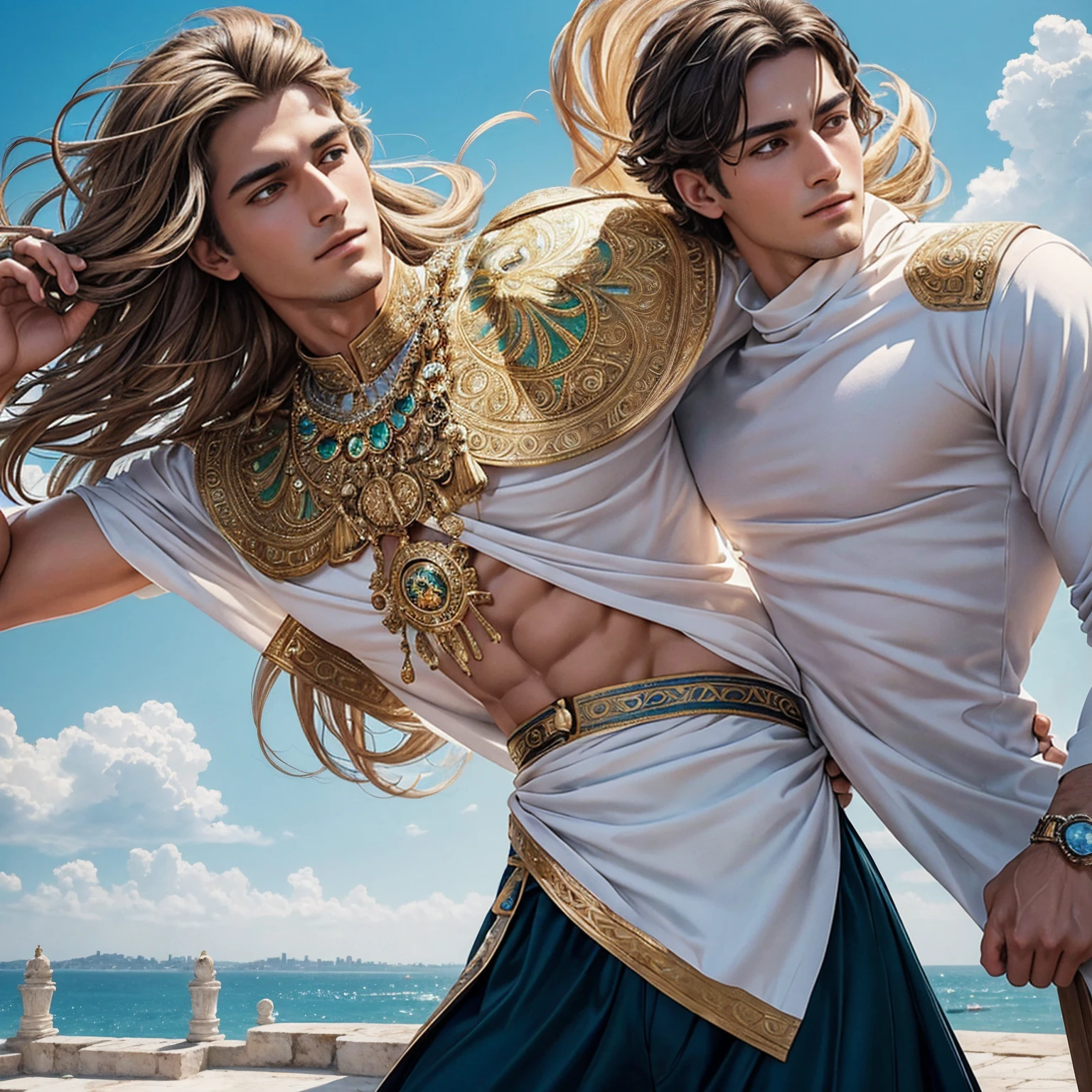 (masterpiece, Highest quality, Highest quality, Official Art, beautifully、aesthetic:1.2), (One man:1.3), Very detailed,(Fractal Art:1.3),colorful,The most detailed The resurrected figure of Roman Emperor Constantine I "The Great". modern. A man in his 20s. A hard-working and talented businessman. Soft hair. Warm colored hair. A lively look. A gentle smile. He is warm-hearted but resolute. Eyes like the eyes of a lion. Bright and sharp eyes. broad shoulders. thick neck Stylish appearance. I'm wearing resort wear. he is looking up at the blue sky. Background of Istanbul, Turkey. Early summer before vacation. water. green. A refreshing breeze is blowing. Delicate and elegant. Elegant and luxurious. Detailed and exquisite. concept art. Super high quality. Super high quality. A super masterpiece. Super beautiful.