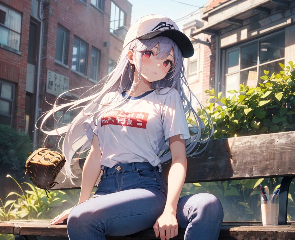 (Close-up:1.3),Realistic,Highest quality, Super detailed, High-quality CG rendering, The most delicate and beautiful, Floating softly, High resolution, (1 person), (Highest quality,4K,8k,masterpiece:1.2), Light purple hair,(Long Hair:1.5),Red eyes,(Black short sleeve T-shirt:1.4),(Pure white skinny jeans:1.4),(Pure white baseball cap:1.3),In the city,old buildings,Narrow Alley