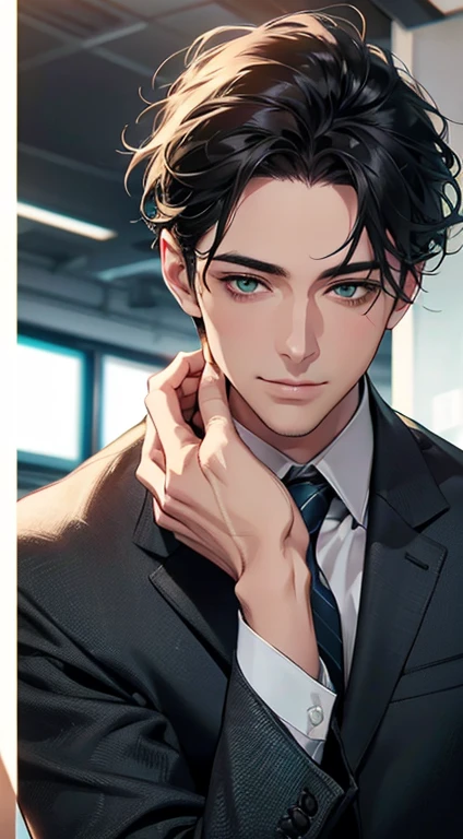 (Highest quality,4K,8K,High resolution,masterpiece:1.2),Super detailed,(Realistic,photoRealistic,photo-Realistic:1.37),1 person,34 years old,Mature Men,Beautiful skin、very handsome,Expressionless smile in love,Short gray Black hair,green eyes,Sharp Eyes,A perfect face without a doubt,Businessman, CEO, Office Background,Cinema Lighting,HDR image,tie、