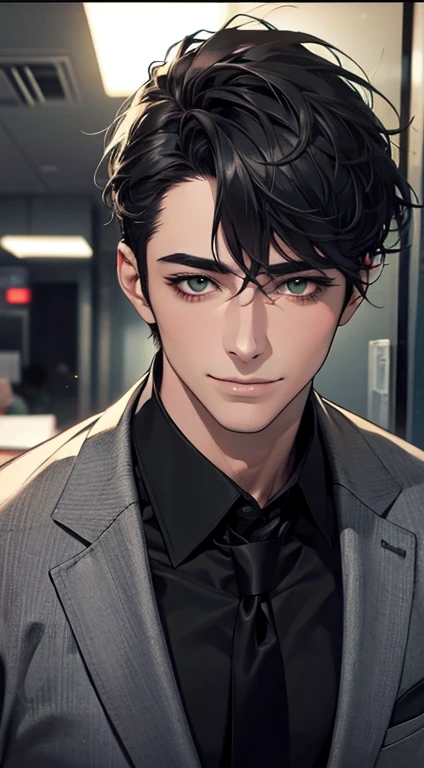 (Highest quality,4K,8K,High resolution,masterpiece:1.2),Super detailed,(Realistic,photoRealistic,photo-Realistic:1.37),1 person,34 years old,Mature Men,Beautiful skin、very handsome,Expressionless smile in love,Short gray Black hair,green eyes,Sharp Eyes,A perfect face without a doubt,Businessman, CEO, Office Background,Cinema Lighting,HDR image,tie、