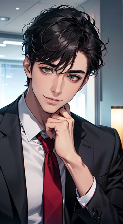 (Highest quality,4K,8K,High resolution,masterpiece:1.2),Super detailed,(Realistic,photoRealistic,photo-Realistic:1.37),1 person,34 years old,Mature Men,Beautiful skin、very handsome,Expressionless smile in love,Short gray Black hair,green eyes,Sharp Eyes,A perfect face without a doubt,Businessman, CEO, Office Background,Cinema Lighting,HDR image,tie、