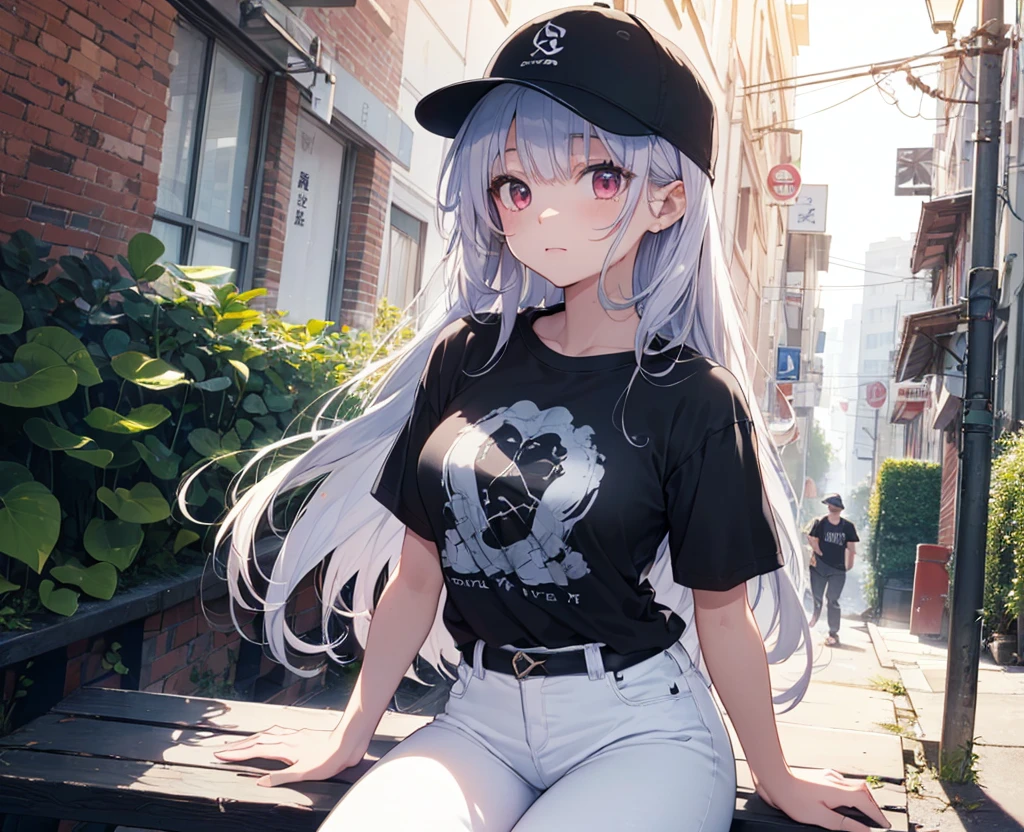 (Close-up:1.3),Realistic,Highest quality, Super detailed, High-quality CG rendering, The most delicate and beautiful, Floating softly, High resolution, (1 girl), (Highest quality,4K,8k,masterpiece:1.2), Light purple hair,(quite long hair:1.5),Red eyes,(Pure white oversized short sleeve T-shirt:1.3),(Black skinny jeans:1.3),(Pure white baseball cap:1.3),In the city,old buildings,Narrow back alley,bench,(benchに座っている:1.3)