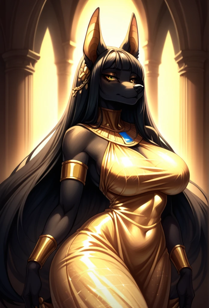 score_9, score_8_up, score_7_up, from the author: nnegrayfox, furry, anthro, beautiful breathtaking tall Anubis woman, very long hair with hair bangs, dark black fur, black body, glowing gold eyes, big tits, wide hips,gold sequin dress with gold jewellery, seductive, goddess, celestial, divine, gold coins,

portrait, watercolour with ink pen outline, renaissance, comic character, elegant, 
atmospheric, hyper-detailed, 32k,

