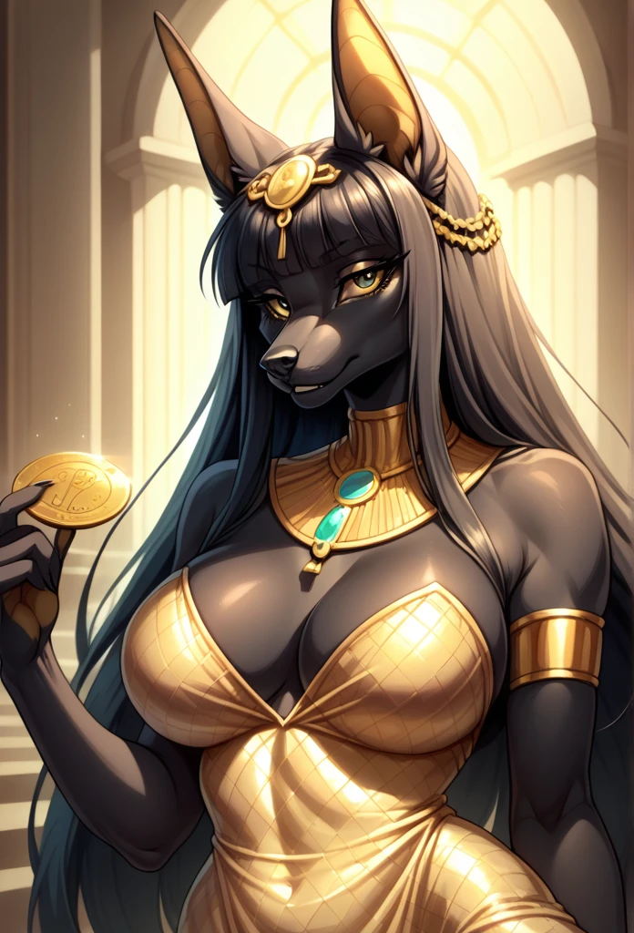 score_9, score_8_up, score_7_up, from the author: nnegrayfox, furry, anthro, beautiful breathtaking tall Anubis woman, very long hair with hair bangs, dark black fur, black body, glowing gold eyes, big tits, wide hips,gold sequin dress with gold jewellery, seductive, goddess, celestial, divine, gold coins,
portrait, watercolour with ink pen outline, renaissance, comic character, elegant,
atmospheric, hyper-detailed, 32k,