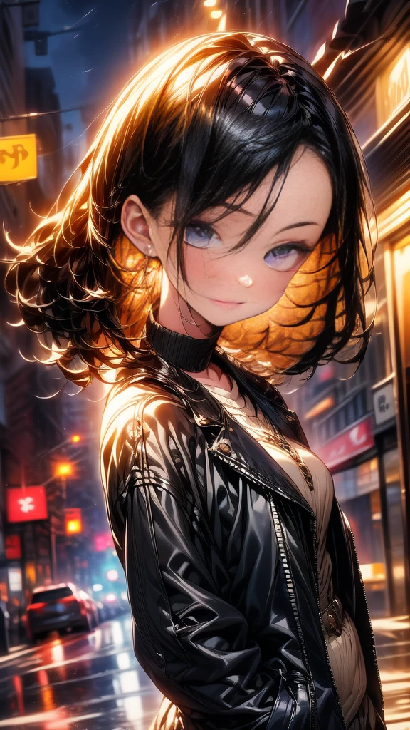 Create an anime-style image of an extremely beautiful young woman with short black hair, styled in a modern and edgy cut, with light bangs framing her face. Her eyes are a striking purple, large and expressive, capturing attention. She is wearing a stylish, fitted black leather jacket with silver zippers and metallic details. The young woman is in a confident and relaxed pose, with a slight tilt of her body to the left, her hands in the pockets of the jacket. The background is an urban street at night, illuminated by neon lights in blue and purple hues, reflecting in the puddles on the ground and creating a vibrant contrast with the dark jacket. The soft lighting highlights her delicate features and the details of the jacket, while a gentle breeze slightly moves some strands of her hair, adding dynamism to the scene. Her facial expression is serene and self-assured, with a slight smile on her lips. The composition of the image is balanced, with the young woman positioned slightly to the right of center, capturing the essence of a modern and stylish night in the city.(((Masterpiece))),(best quality),sharp focus,(1girl,solo),(Skin, body, hair, eyes, detailed: 1.5)