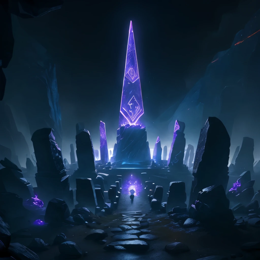a picture taken from a video game shows a group of rocks with glowing lights, runestones, giant grave structures, dark runes, lost runes, stone runes on the front, symmetrical epic fantasy art, purple fire around magic arena, with jagged rocks & eerie, druidic runes, monoliths, ((monolith))