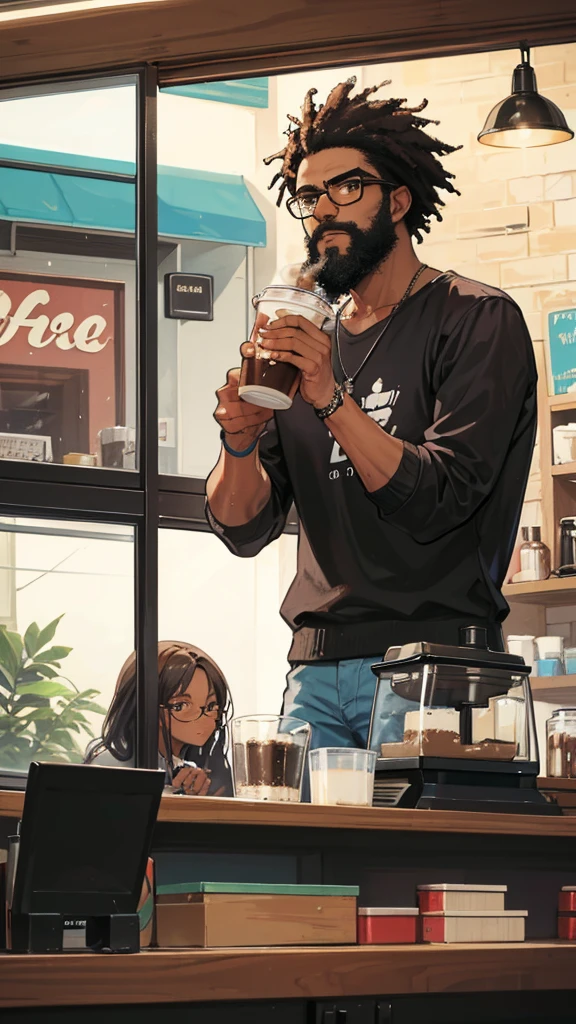 create a 1970s coffee shop where a black man with a beard, prescription glasses drinking a coffee and looking at the busy street.