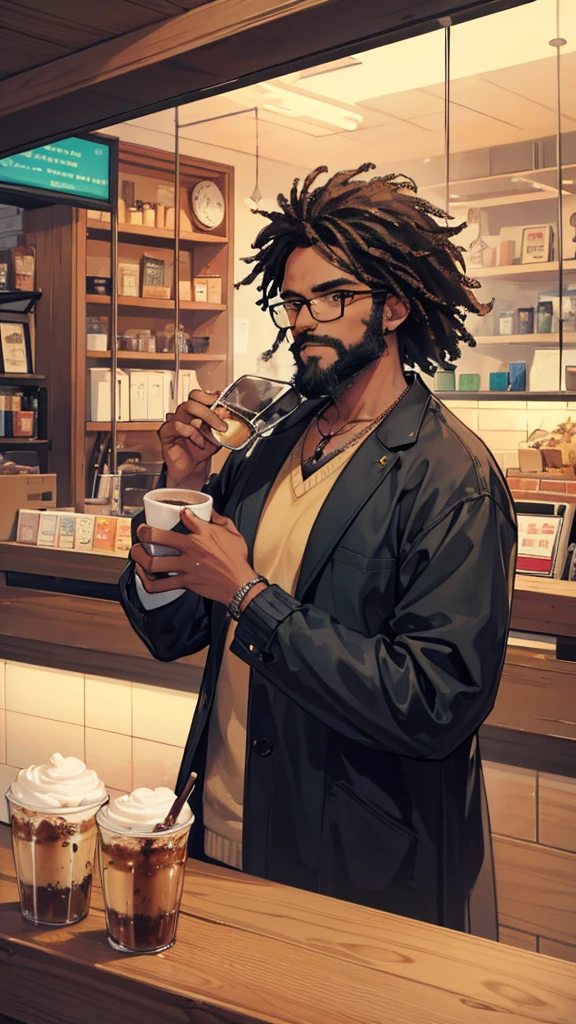 create a 1970s coffee shop where a black man with a beard, prescription glasses drinking a coffee and looking at the busy street.