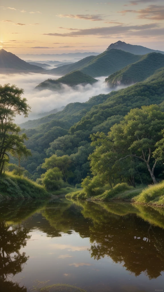 (best quality, 4k,8k, high, masterpiece: 1.2), highly detailed, (realistic, photorealistic, photo-realistic: 1.37), mountains, waterfalls, rice fields, sunsets, beautiful views, peaceful atmosphere, stunning views, calm colors, reflections on the water, coconut trees, serene moments, natural harmony, blue skies, majestic peaks, natural beauty, sunlight penetrating through the trees, serenity in the air , interesting paths, beautiful atmosphere, dreamlike views, distant horizons, painting-like panoramas, warm soft light, calm waters, misty textures, stunning views, hidden oases, melancholic colors, serene sunsets, surroundings calm surroundings, bursts of color, dancing in the wind, blending with the surrounding environment.