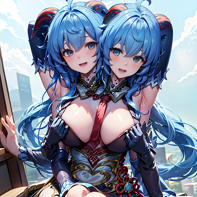 DSLR Photos, (8ก, 4K, Masterpiece),(Masterpiece, best quality), best resolution, (3 heads:1.5), aqua hair, twin tail, long hair, tear, open mouth, smile, be happy, Arms separated,Hotel Rooms, arm circle, (Put your hands on your head.), (lower hand on ankle), (lower hand on leg), Full content in the frame, full body view, (four arms),(Multi-arm),(many hands), รูปร่างเพรียวบาง Masterpiece,best quality,best resolution,1 woman,2 heads,details,Ganyu character,He has two goat horns on his head..,blue short hair,blue eyes,Wear tall clothes ,Wear a two-pronged red tie..,big breasts,simple background,Beautiful face,Beautiful hair,beautiful eyes,beautiful body,Beautiful hands,conjoined twins,
