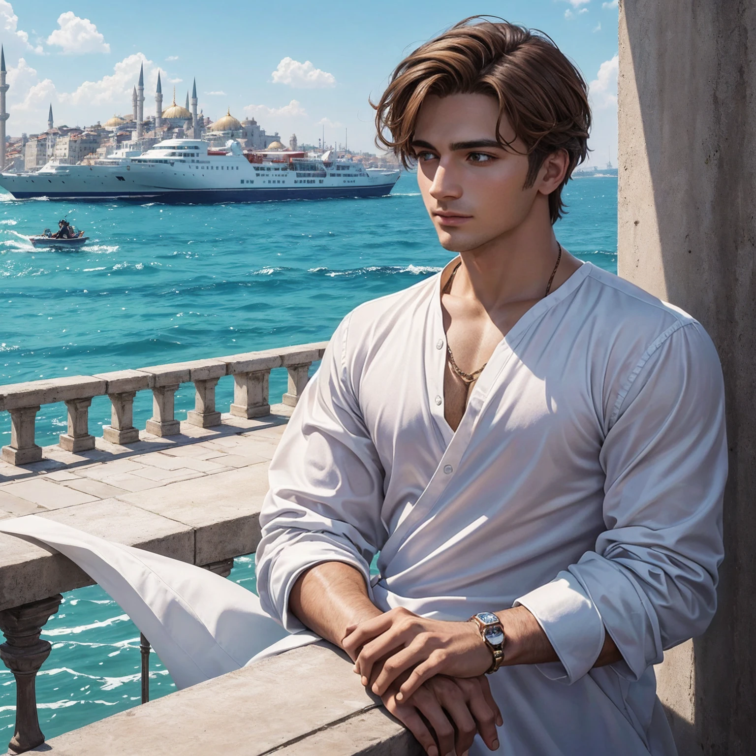 (masterpiece, Highest quality, Highest quality, Official Art, beautifully、aesthetic:1.2), (One man:1.3), Very detailed,colorful,The most detailed The resurrected figure of Roman Emperor Constantine I "The Great". modern. A man in his 20s. A hard-working and talented businessman. Soft hair. Warm colored hair. A lively look. A gentle smile. He is warm-hearted but resolute. Eyes like the eyes of a lion. Bright and sharp eyes. broad shoulders. thick neck Stylish appearance. I'm wearing resort wear. he is looking up at the blue sky. Background of Istanbul, Turkey. Early summer before vacation. water. green. A refreshing breeze is blowing. Delicate and elegant. Elegant and luxurious. Detailed and exquisite. concept art. Super high quality. Super high quality. A super masterpiece. Super beautiful.