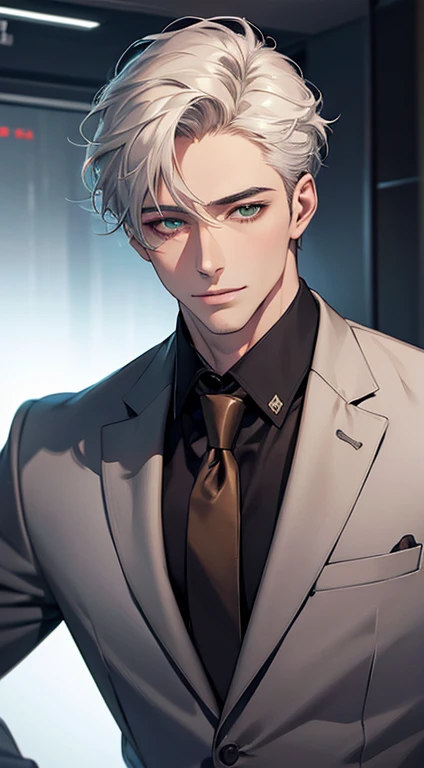(Highest quality,4K,8K,High resolution,masterpiece:1.2),Super detailed,(Realistic,photoRealistic,photo-Realistic:1.37),1 person,34 years old,Mature Men,Beautiful skin、very handsome,Expressionless smile in love,Short white hair,green eyes,Sharp Eyes,A perfect face without a doubt,Businessman, CEO, Office Background,Cinema Lighting,HDR image,tie、