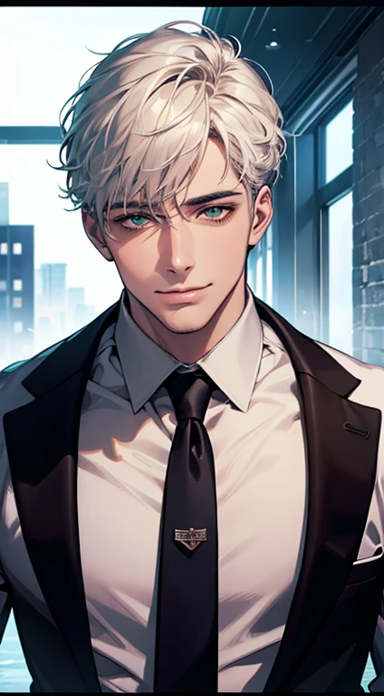 (Highest quality,4K,8K,High resolution,masterpiece:1.2),Super detailed,(Realistic,photoRealistic,photo-Realistic:1.37),1 person,34 years old,Mature Men,Beautiful skin、very handsome,Expressionless smile in love,Short white hair,green eyes,Sharp Eyes,A perfect face without a doubt,Businessman, CEO, Office Background,Cinema Lighting,HDR image,tie、