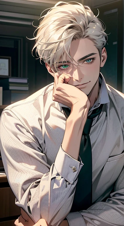 (Highest quality,4K,8K,High resolution,masterpiece:1.2),Super detailed,(Realistic,photoRealistic,photo-Realistic:1.37),1 person,34 years old,Mature Men,Beautiful skin、very handsome,Expressionless smile in love,Short white hair,green eyes,Sharp Eyes,A perfect face without a doubt,Businessman, CEO, Office Background,Cinema Lighting,HDR image,tie、