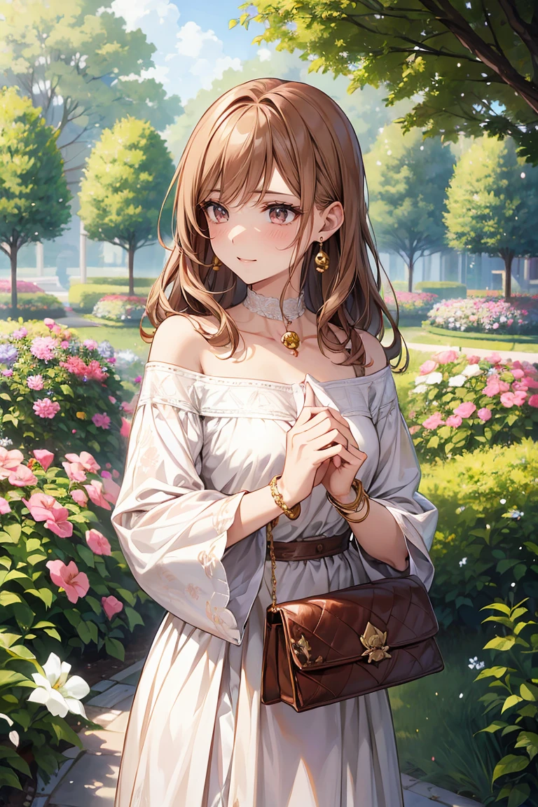 Elegant woman in her mid twenties。Height: 168cm、Slim figure。Shoulder-length wavy brown hair、Hazel Eyes。The skin is clear and white。
clothing:
- pinkのフリル付きブラウス
- ホワイトのミディスカート
- ベージュのバレリーナシューズ
アクセサリー:
- pearl earrings - gold bracelet - small leather clutch bag(pink)
make:
- ソフトなpinkのリップ、軽いアイmake
背景:
A garden full of flowers、Warm sunshine in spring