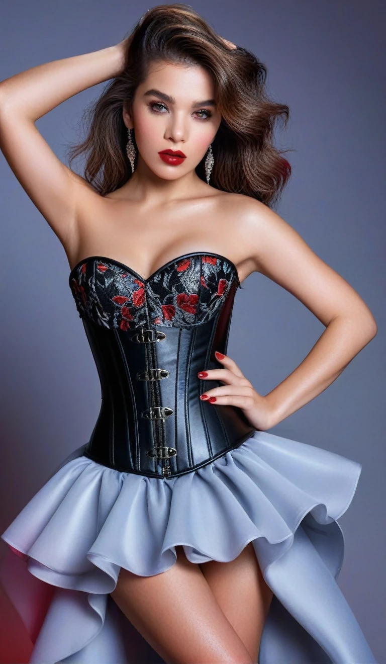 (best quality,4k,8k,highres,masterpiece:1.2),ultra-detailed,(realistic,photorealistic,photo-realistic:1.37),beautiful eyes,beautiful lips,detailed face,red lipstick,gorgeous woman, sexy black leather dress, sexy elegant fashion model, sexy elegant look,long eyelashes,confident expression,flawless skin,posing gracefully sexy,head to stomach shot, black leather strapless mini corset,bare stomach,sexy naked medium Breasts,flowing fabric,soft and silky material,graceful movement,vibrant colors,artistic lighting,studio photo shoot, dreamy atmosphere